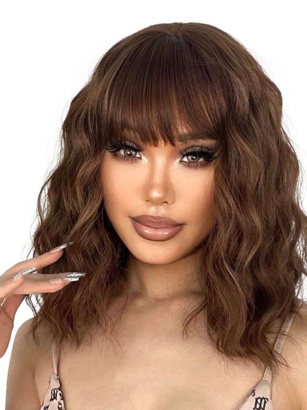 Light Brown Wig with Bangs, Short Natural Wavy Wigs for Women